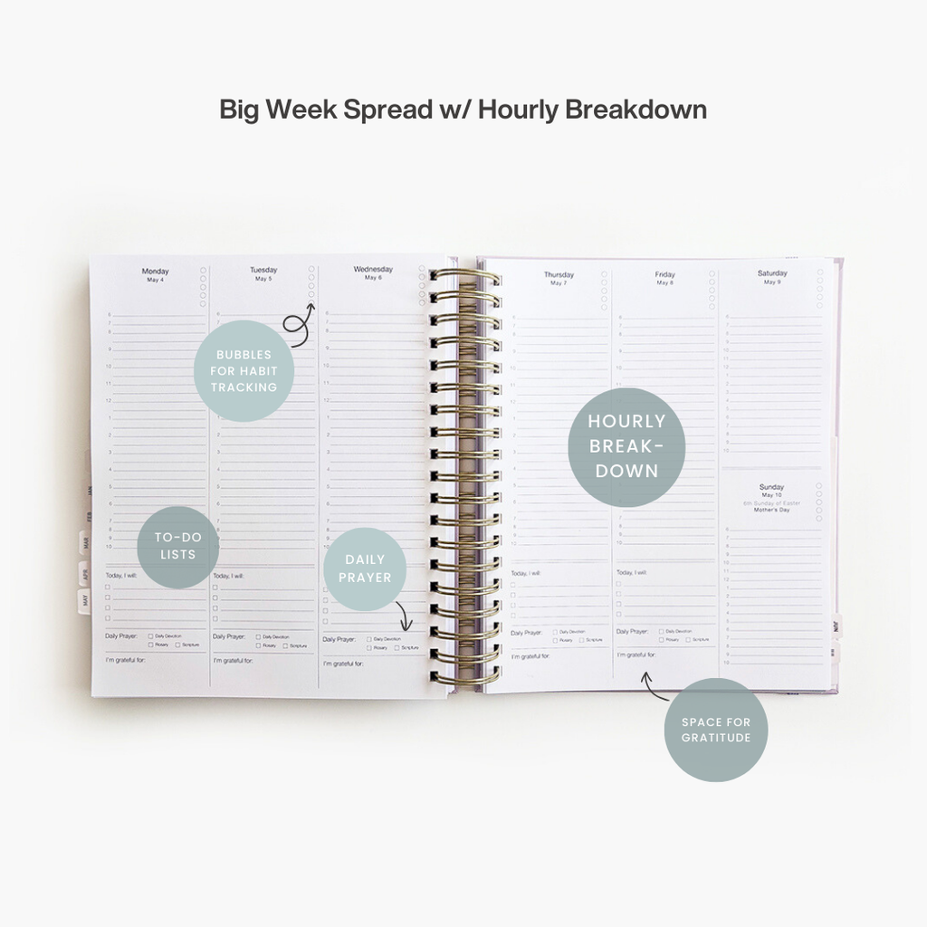 Catholic Planner weekly spread and hourly breakdown