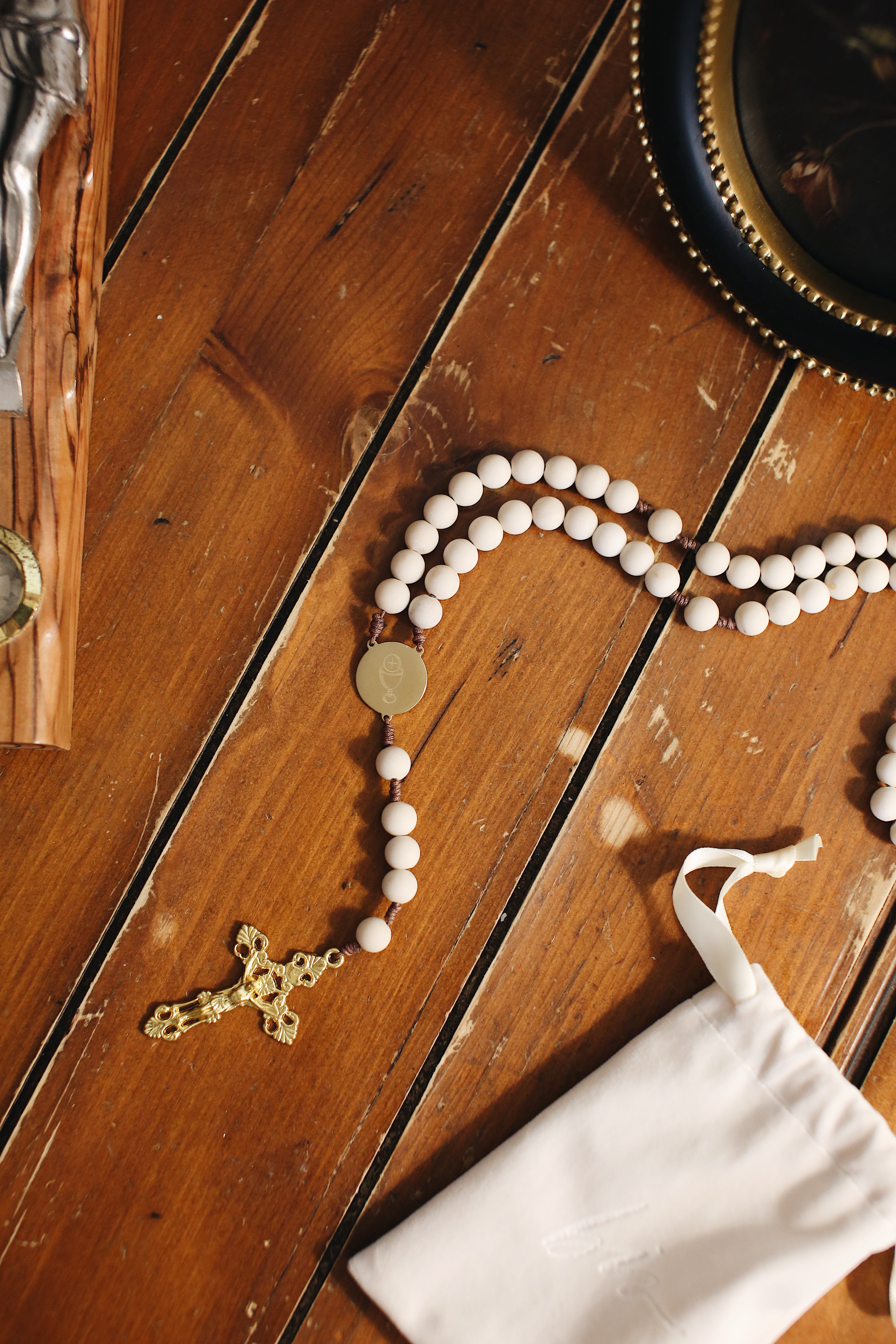 Eucharist (Holy Communion) Rosary | Catholic Rosary with White Beads & Gold Crucifix