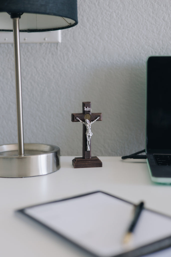 benedictine wood desk crucifix