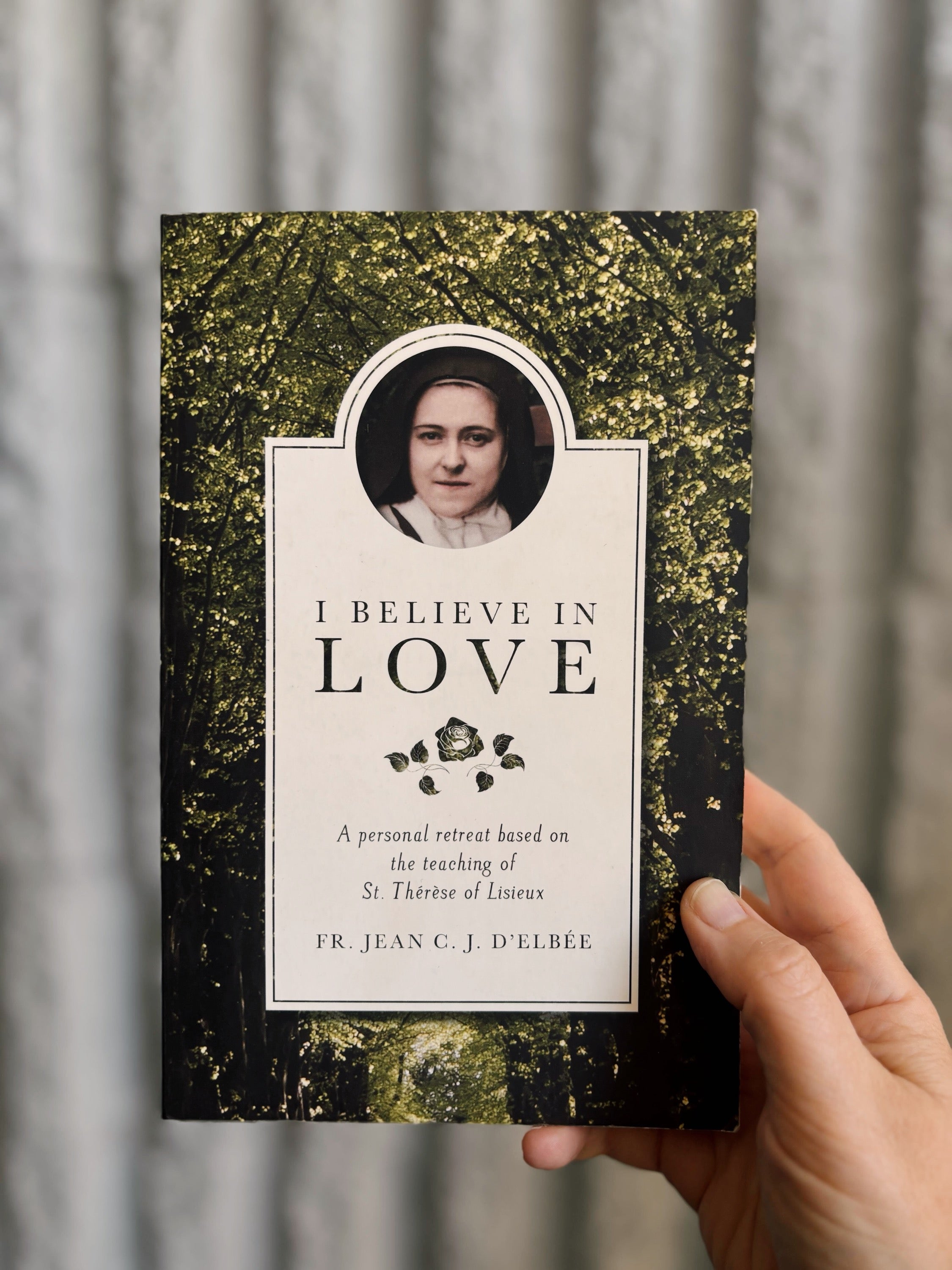 Book titled 'I Believe in Love' held by a hand with a blurred background
