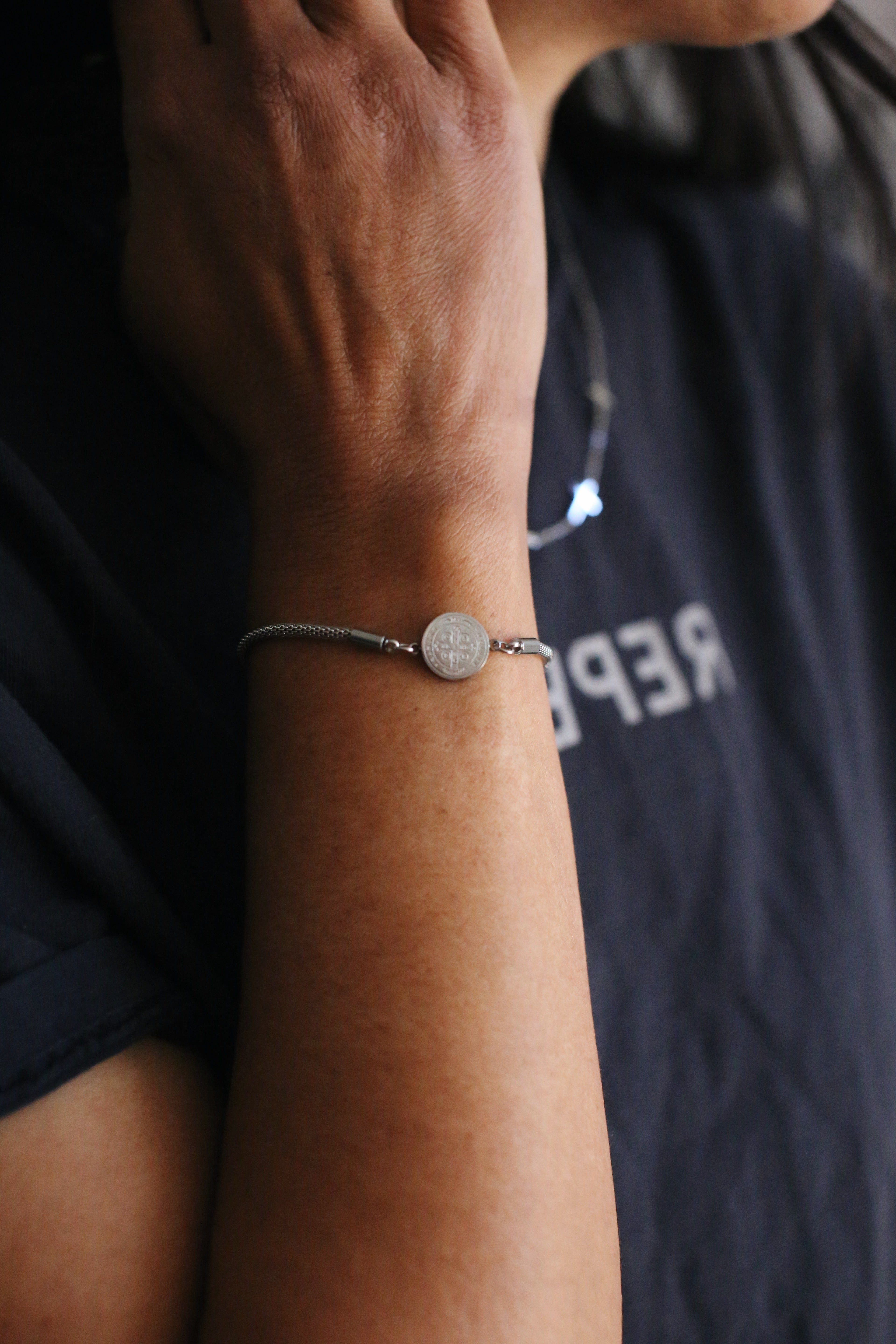 St. Benedict Medal Palm Chain Bracelet, Gold or Silver